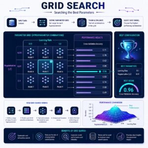 Clean machine learning grid search illustration showing multiple hyperparameter combinations tested in a structured matrix layout, with performance evaluation charts highlighting the best model configuration.