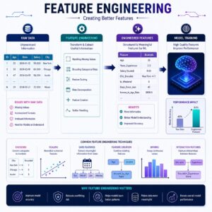 Modern machine learning workflow illustration showing raw data transformed into optimized features through preprocessing techniques such as encoding, scaling, and feature creation for improved model performance.