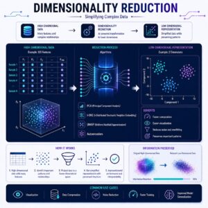 Clean dimensionality reduction illustration showing high-dimensional datasets compressed into simplified low-dimensional feature spaces while preserving important patterns through AI-powered data transformation.