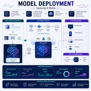 Modern machine learning deployment illustration showing a trained AI model moved from development into cloud infrastructure and live applications through deployment pipelines, APIs, monitoring dashboards, and real-time prediction systems.