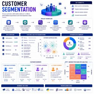 Modern machine learning customer segmentation illustration showing customers grouped into distinct clusters based on behavior, spending patterns, and engagement metrics using clustering analytics, dashboards, scatter plots, and AI-driven business insights.
