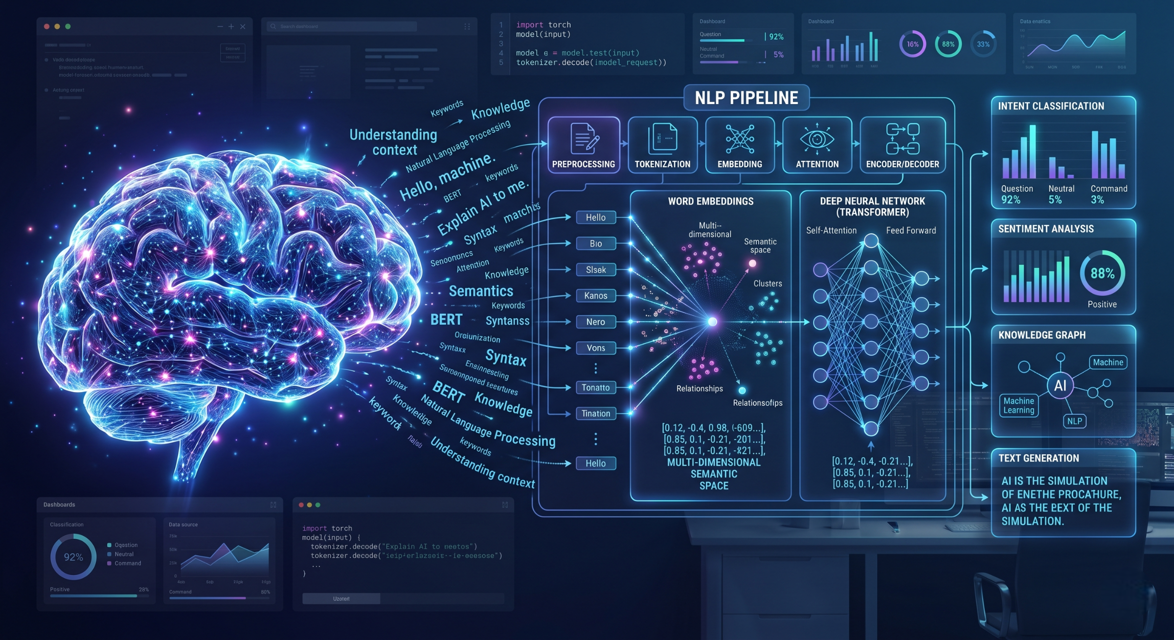 A futuristic digital illustration on a dark background with deep blue, purple, and cyan neon highlights. On the left, a glowing human brain made of interconnected neural nodes smoothly transforms into structured natural language processing pipelines on the right. Floating text fragments bridge the gap, leading into complex diagrams of neural networks, word embeddings, and detailed UI dashboard elements analyzing sentiment and intent.